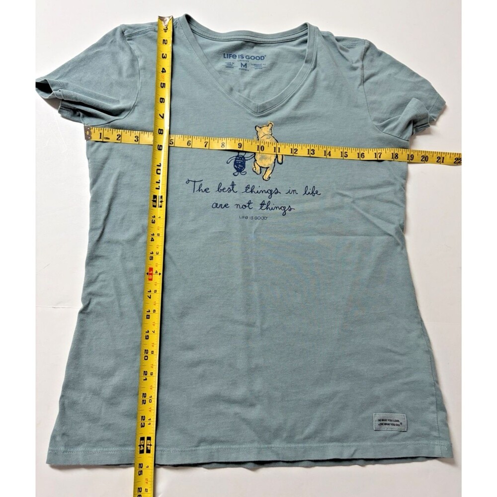 Life Is Good T Shirt Women's M ~ V Neck Short Sleeve Crusher Pooh Lt Cadet Blue - Picture 5 of 6